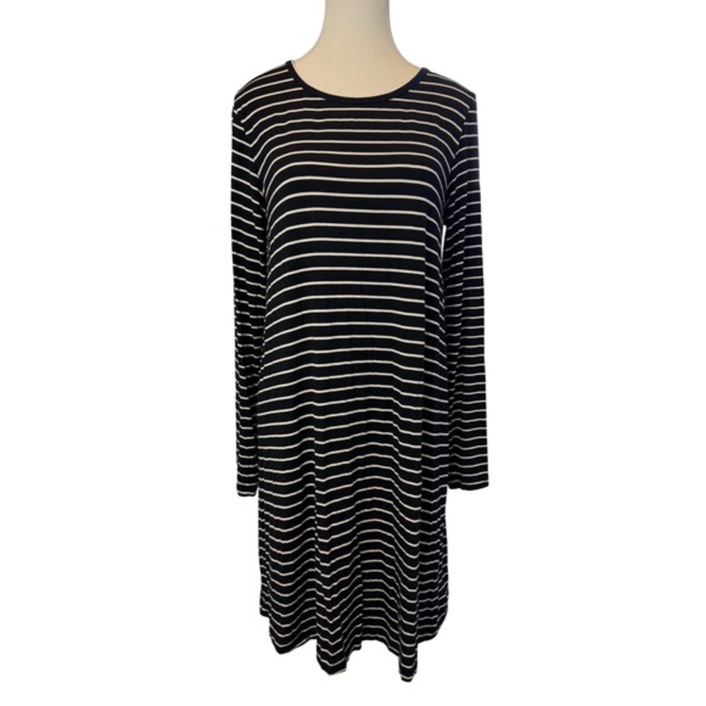 Gap Medium Black White Striped Long Sleeve Swing Dress Stretchy Modest Comfort